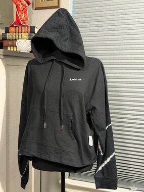 New bebe Black Hoodie with White Tie-Dye Sleeve Accents